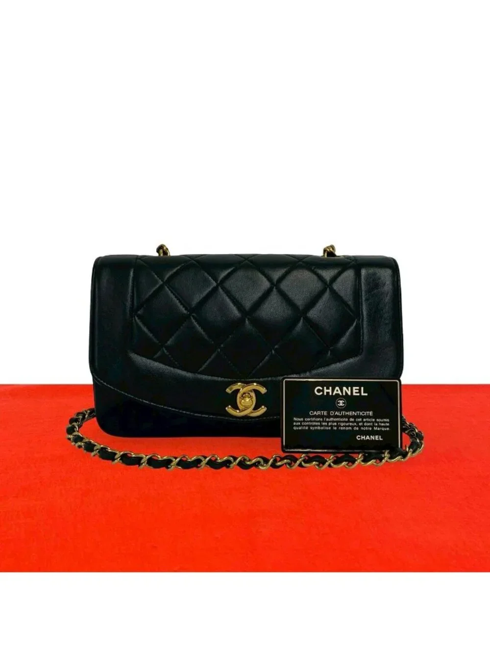 Chanel With Card Diana Quilted CC Logo Lambskin Shoulder Bag Black